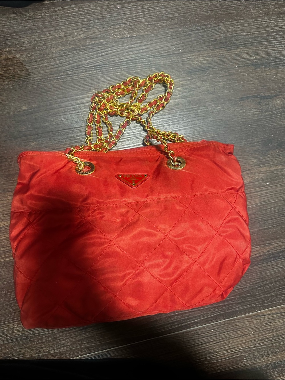 Prada Red Quilted Shoulder Bag with Gold Chain Handles